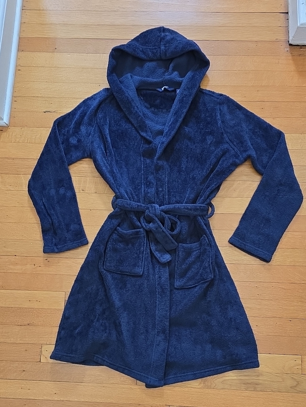 Lands' End, Fleece Hooded Belted Bathrobe, Navy Royal Blue, EUC, Kids 18